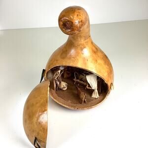Large Hand Carved African Folk Art Nativity Scene Gourd Seashells Door Clasp